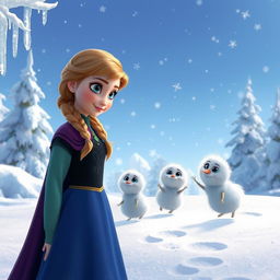 Anna standing in a winter wonderland, her expression curious and intrigued as she gazes at a group of adorable little snow creatures with big, expressive eyes
