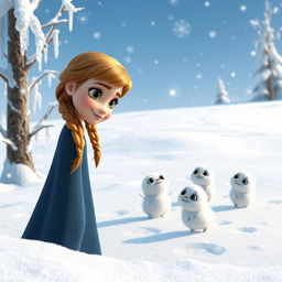 Anna standing in a winter wonderland, her expression curious and intrigued as she gazes at a group of adorable little snow creatures with big, expressive eyes