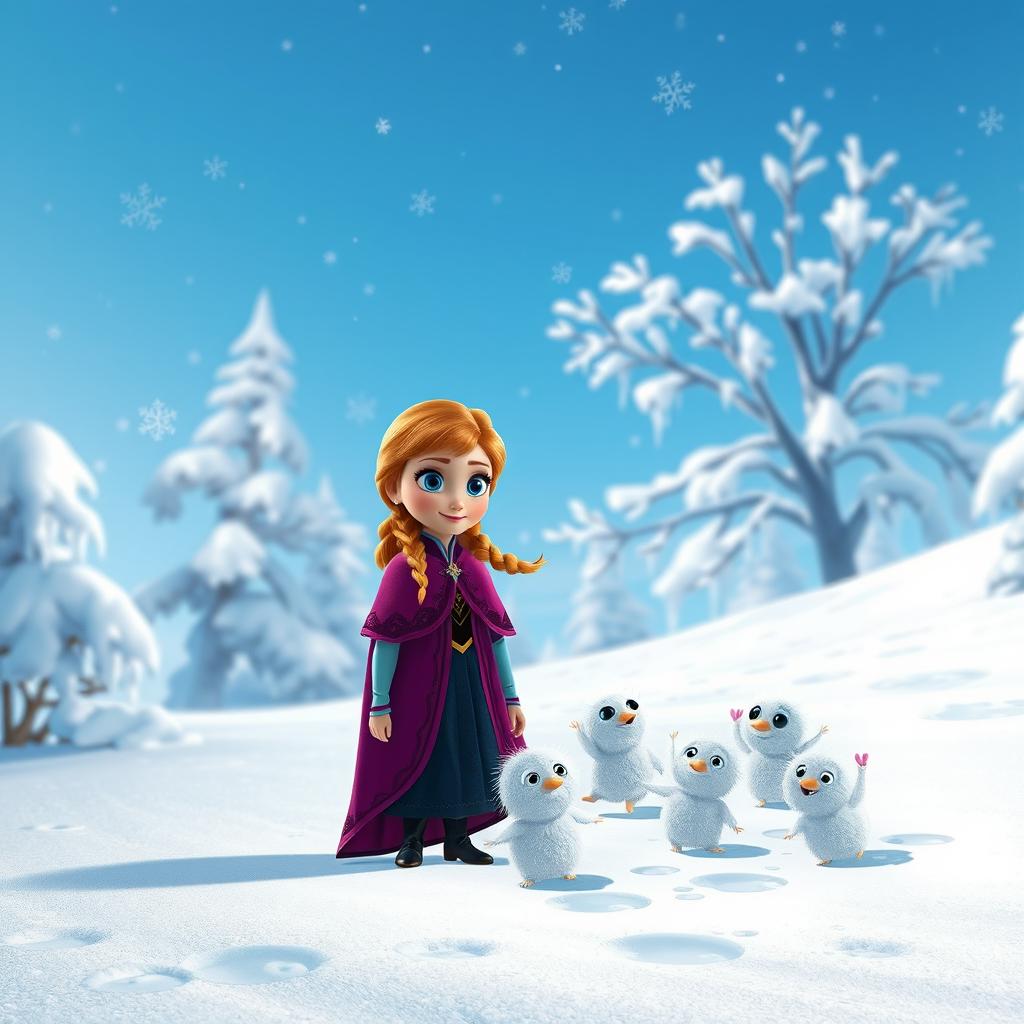 Anna standing in a winter wonderland, her expression curious and intrigued as she gazes at a group of adorable little snow creatures with big, expressive eyes