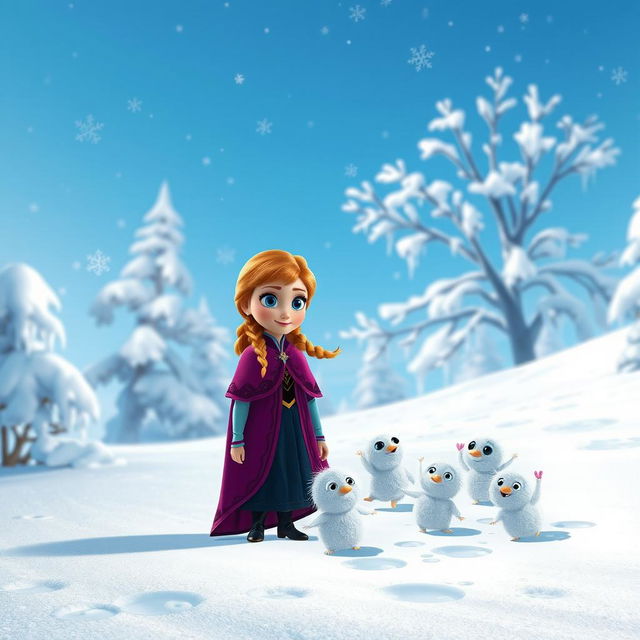 Anna standing in a winter wonderland, her expression curious and intrigued as she gazes at a group of adorable little snow creatures with big, expressive eyes