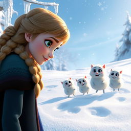 Anna standing in a winter wonderland, her expression curious and intrigued as she gazes at a group of adorable little snow creatures with big, expressive eyes