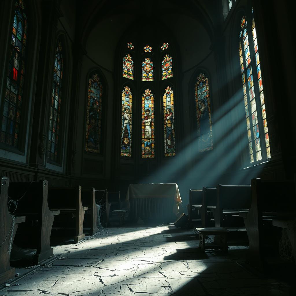 A hauntingly beautiful interior of an abandoned church, with tall stained glass windows casting eerie, colorful shadows on the cracked stone floor