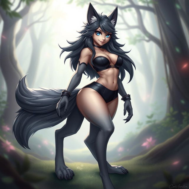 A sexy, enticing female wolf furry character with prominent digigrade legs and a luxurious, fluffy wolf tail