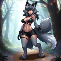 A sexy, enticing female wolf furry character with prominent digigrade legs and a luxurious, fluffy wolf tail