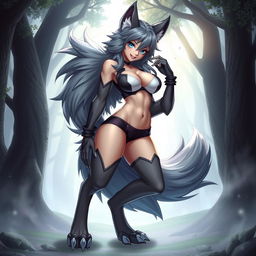 A sexy, enticing female wolf furry character with prominent digigrade legs and a luxurious, fluffy wolf tail