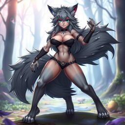 A sexy, enticing female wolf furry character with prominent digigrade legs and a luxurious, fluffy wolf tail