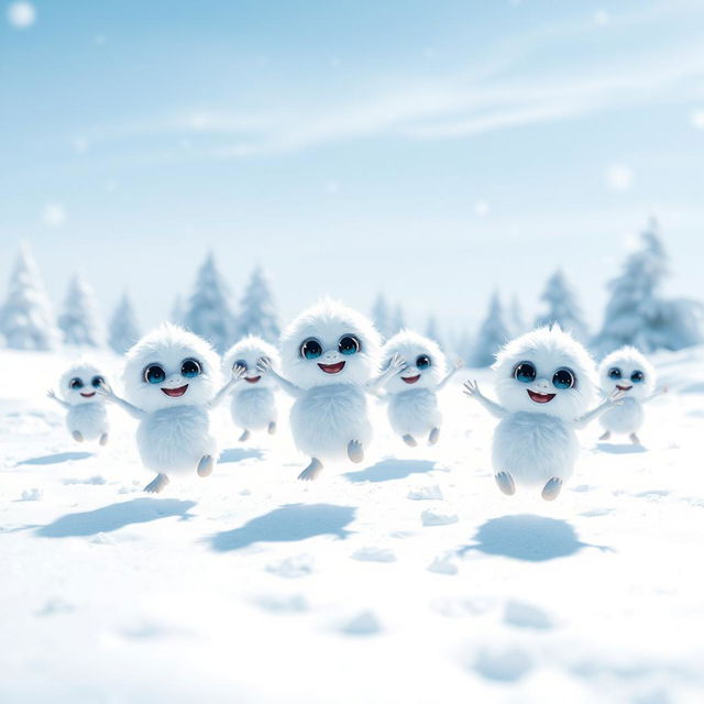 A lively scene depicting a group of adorable little snow creatures with large, expressive eyes, joyfully jumping around in a snow-covered landscape