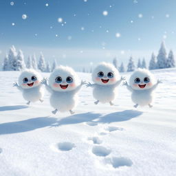 A lively scene depicting a group of adorable little snow creatures with large, expressive eyes, joyfully jumping around in a snow-covered landscape