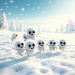 A lively scene depicting a group of adorable little snow creatures with large, expressive eyes, joyfully jumping around in a snow-covered landscape