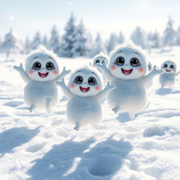 A lively scene depicting a group of adorable little snow creatures with large, expressive eyes, joyfully jumping around in a snow-covered landscape