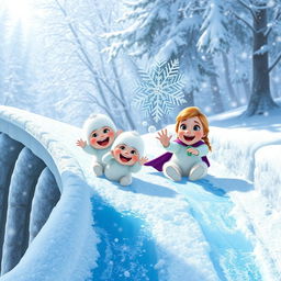A joyful scene of cheerful snow babies sliding down a sparkling ice bridge, their fluffy bodies glistening in the sunlight