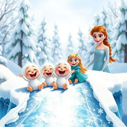 A joyful scene of cheerful snow babies sliding down a sparkling ice bridge, their fluffy bodies glistening in the sunlight