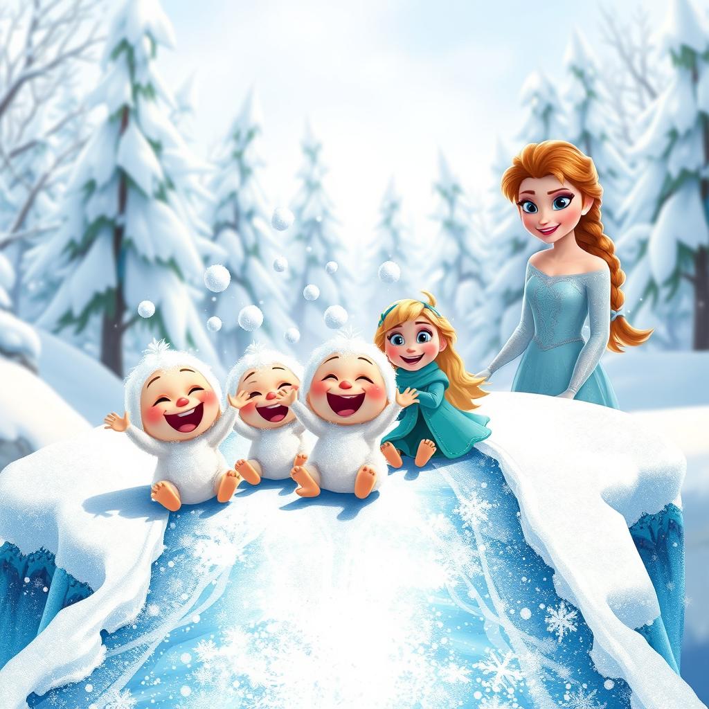 A joyful scene of cheerful snow babies sliding down a sparkling ice bridge, their fluffy bodies glistening in the sunlight