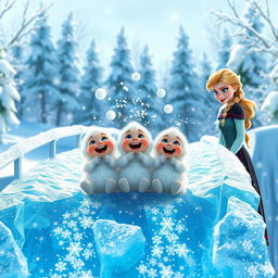 A joyful scene of cheerful snow babies sliding down a sparkling ice bridge, their fluffy bodies glistening in the sunlight