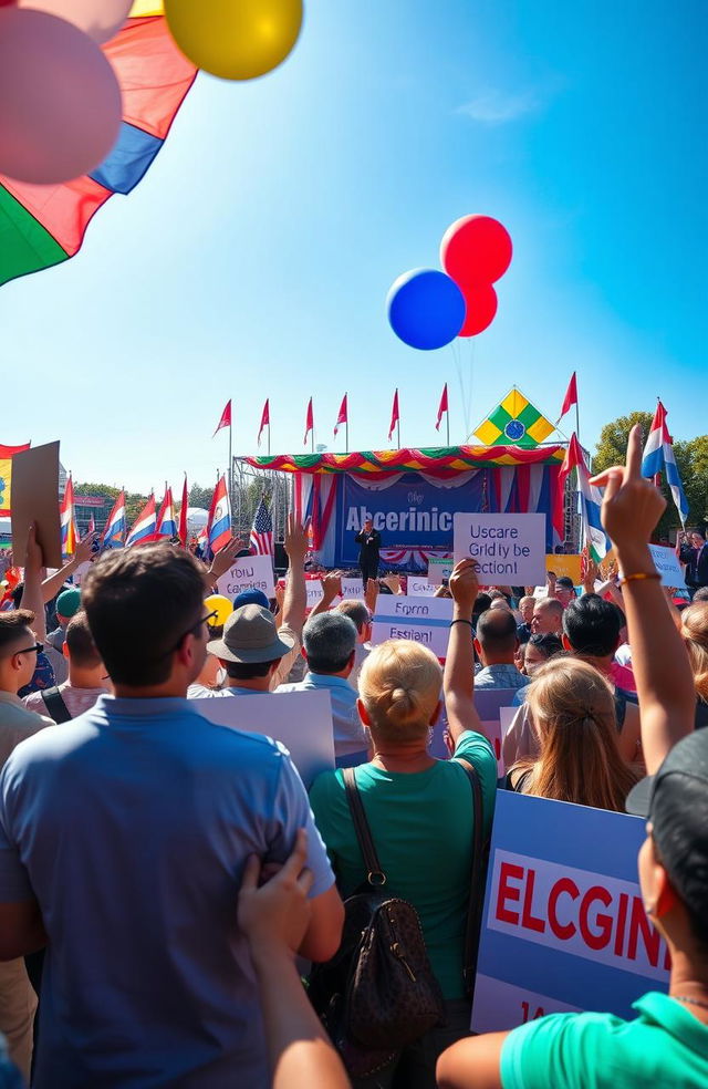 A dynamic and engaging scene depicting a vibrant election festival at a public square