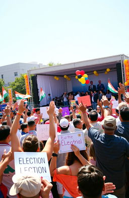 A dynamic and engaging scene depicting a vibrant election festival at a public square