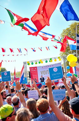 A dynamic and engaging scene depicting a vibrant election festival at a public square