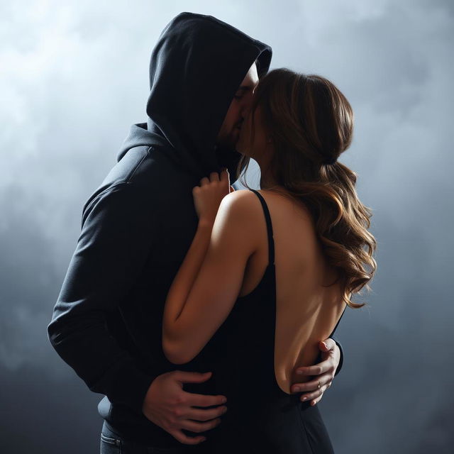 A mysterious scene featuring a man wearing a black hoodie, with the hood covering his face, holding a woman by the waist
