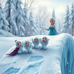 A heartwarming scene of small snow babies joyfully sliding down a gleaming ice bridge, their tiny bodies gleaming with frost