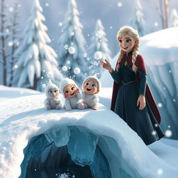 A heartwarming scene of small snow babies joyfully sliding down a gleaming ice bridge, their tiny bodies gleaming with frost