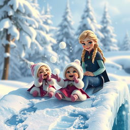A heartwarming scene of small snow babies joyfully sliding down a gleaming ice bridge, their tiny bodies gleaming with frost