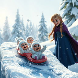 A heartwarming scene of small snow babies joyfully sliding down a gleaming ice bridge, their tiny bodies gleaming with frost