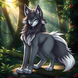 A sexy, hot female wolf furry character with striking, fully fur-covered features