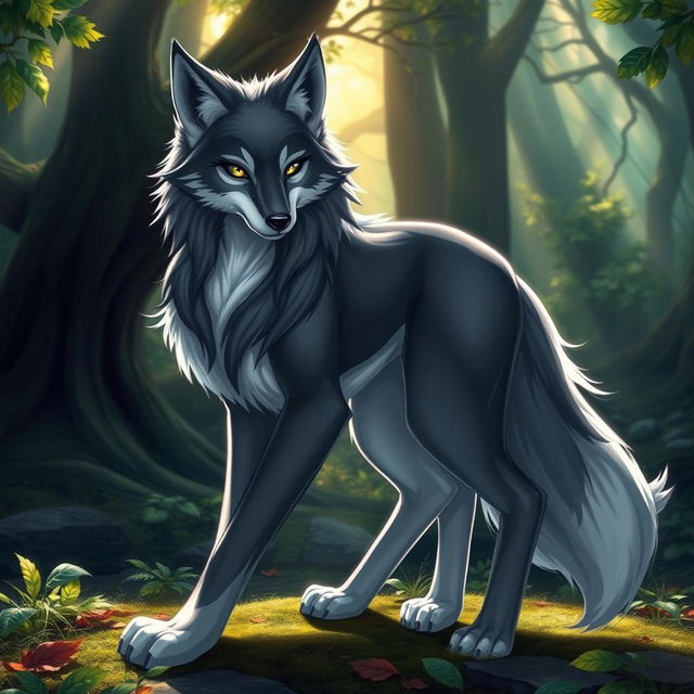 A sexy, hot female wolf furry character with striking, fully fur-covered features