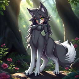 A sexy, hot female wolf furry character with striking, fully fur-covered features