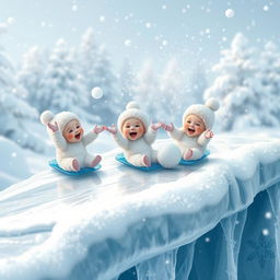 A delightful scene of small snow babies sliding down a shiny ice bridge, their round, fluffy bodies gleaming against the icy surface