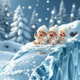 A delightful scene of small snow babies sliding down a shiny ice bridge, their round, fluffy bodies gleaming against the icy surface