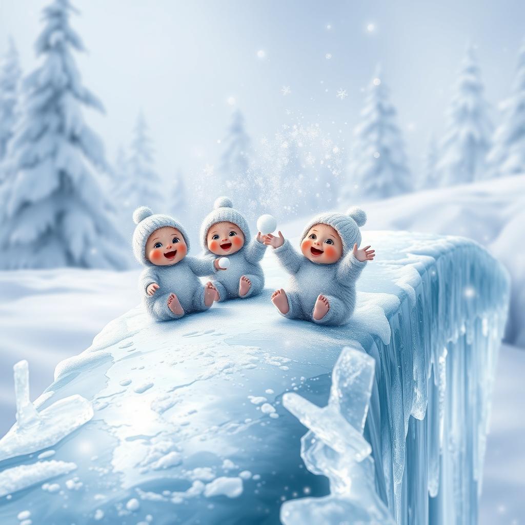A delightful scene of small snow babies sliding down a shiny ice bridge, their round, fluffy bodies gleaming against the icy surface
