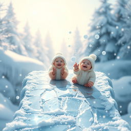 A delightful scene of small snow babies sliding down a shiny ice bridge, their round, fluffy bodies gleaming against the icy surface