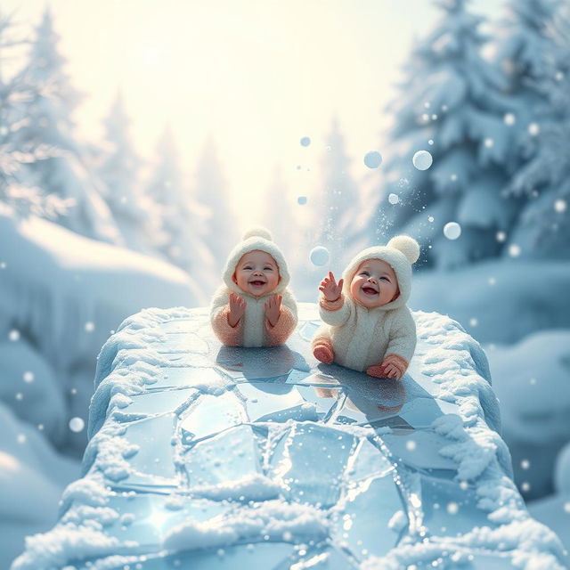 A delightful scene of small snow babies sliding down a shiny ice bridge, their round, fluffy bodies gleaming against the icy surface