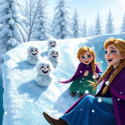 A lively scene featuring cheerful snow babies sliding down a sparkling ice bridge, their fluffy bodies shining in the winter sunlight