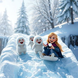 A lively scene featuring cheerful snow babies sliding down a sparkling ice bridge, their fluffy bodies shining in the winter sunlight