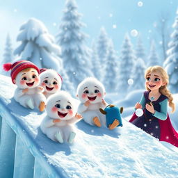 A lively scene featuring cheerful snow babies sliding down a sparkling ice bridge, their fluffy bodies shining in the winter sunlight