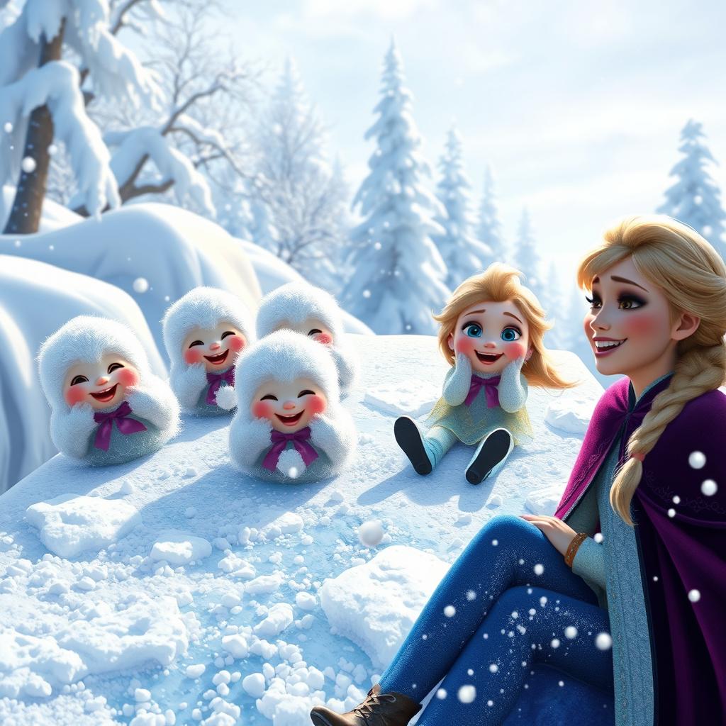 A lively scene featuring cheerful snow babies sliding down a sparkling ice bridge, their fluffy bodies shining in the winter sunlight