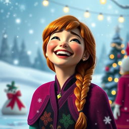 A cheerful portrait of adult Anna laughing joyfully, her vibrant hair cascading down around her shoulders, dressed in her iconic colorful outfit