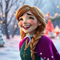 A cheerful portrait of adult Anna laughing joyfully, her vibrant hair cascading down around her shoulders, dressed in her iconic colorful outfit