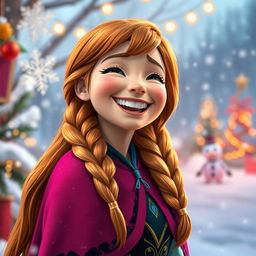 A cheerful portrait of adult Anna laughing joyfully, her vibrant hair cascading down around her shoulders, dressed in her iconic colorful outfit