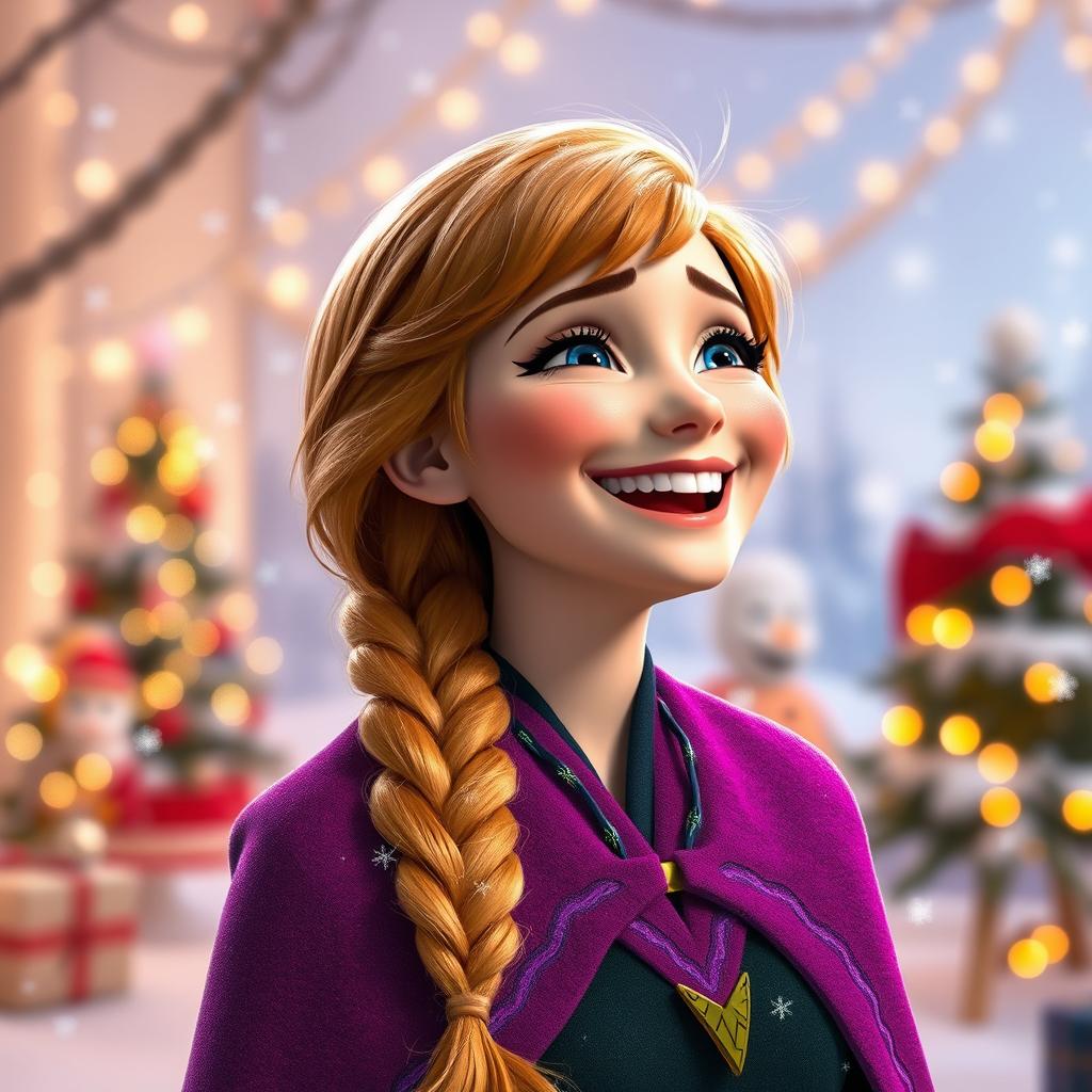 A cheerful portrait of adult Anna laughing joyfully, her vibrant hair cascading down around her shoulders, dressed in her iconic colorful outfit