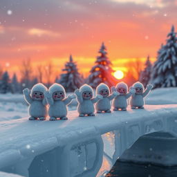 A heartwarming scene of small snow babies waving goodbye as the sun begins to set, casting a warm orange and pink glow across the winter landscape