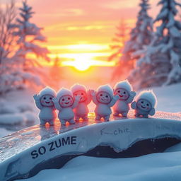 A heartwarming scene of small snow babies waving goodbye as the sun begins to set, casting a warm orange and pink glow across the winter landscape