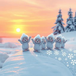 A heartwarming scene of small snow babies waving goodbye as the sun begins to set, casting a warm orange and pink glow across the winter landscape