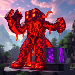 A captivating lava creature, envisioned as a massive golem crafted entirely from molten lava, with streams of glowing magma flowing across its body