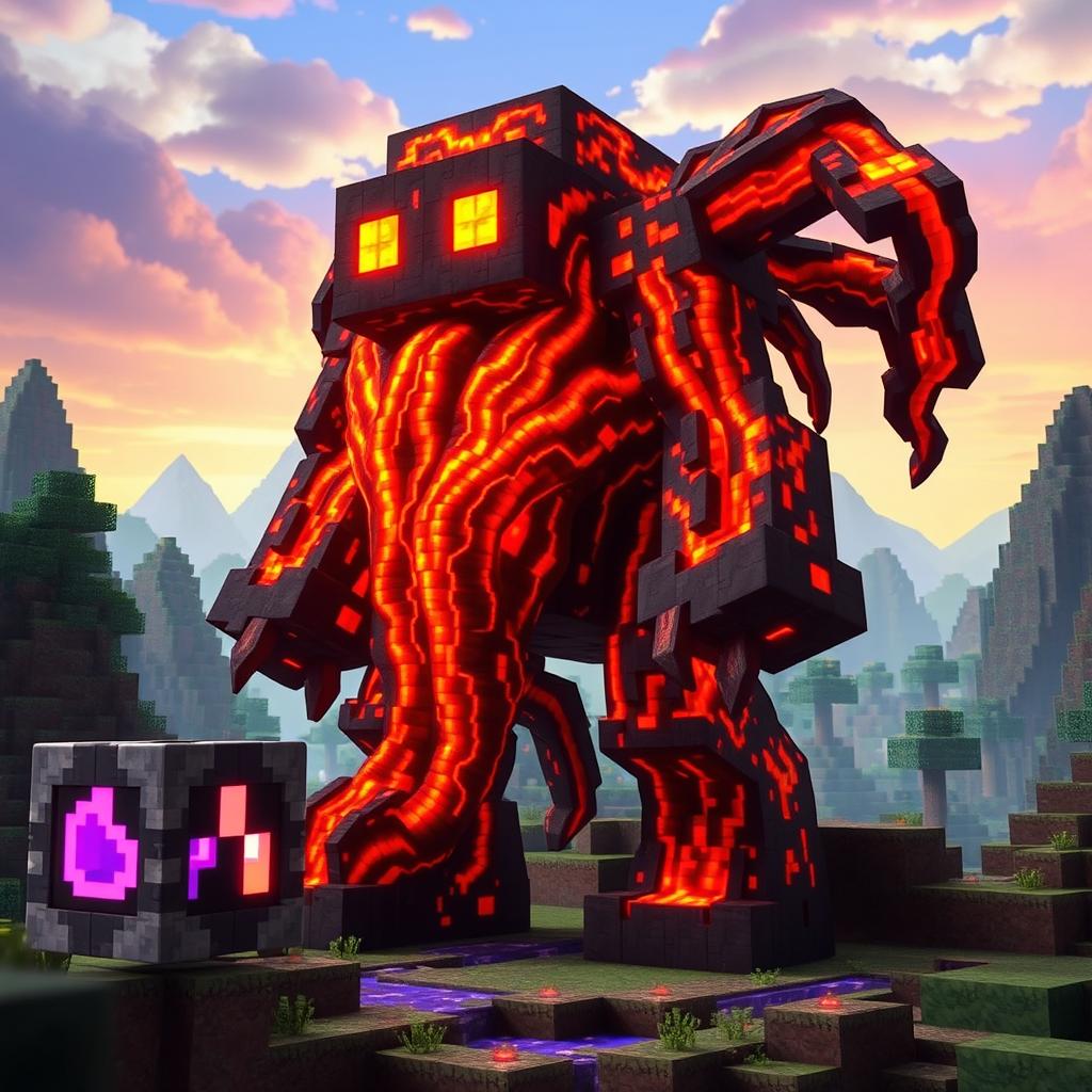 A captivating lava creature, envisioned as a massive golem crafted entirely from molten lava, with streams of glowing magma flowing across its body