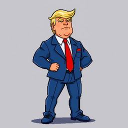 A male character resembling Donald Trump, featuring a muscular build and exaggerated features such as a notably big head