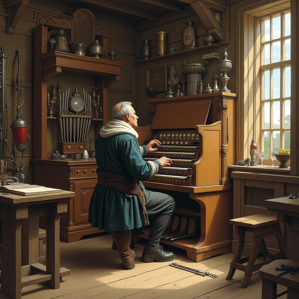 A detailed historical illustration of Thomas Dallam, an early 17th-century English craftsman and organ maker