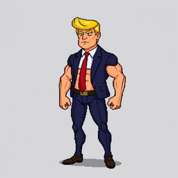 A male character resembling Donald Trump, featuring a muscular build and exaggerated features, such as a notably big head